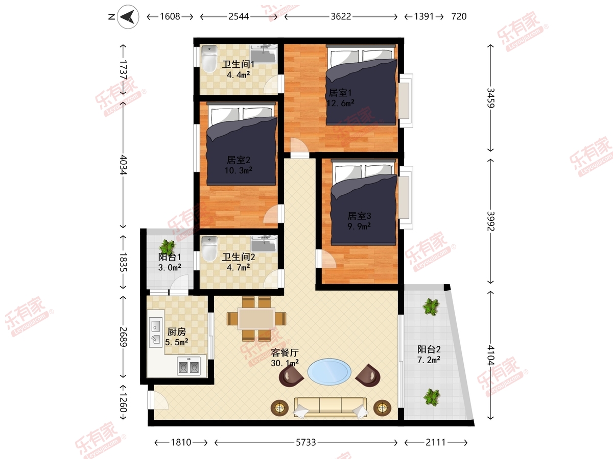 东华花园 3房2厅2卫 100.9㎡