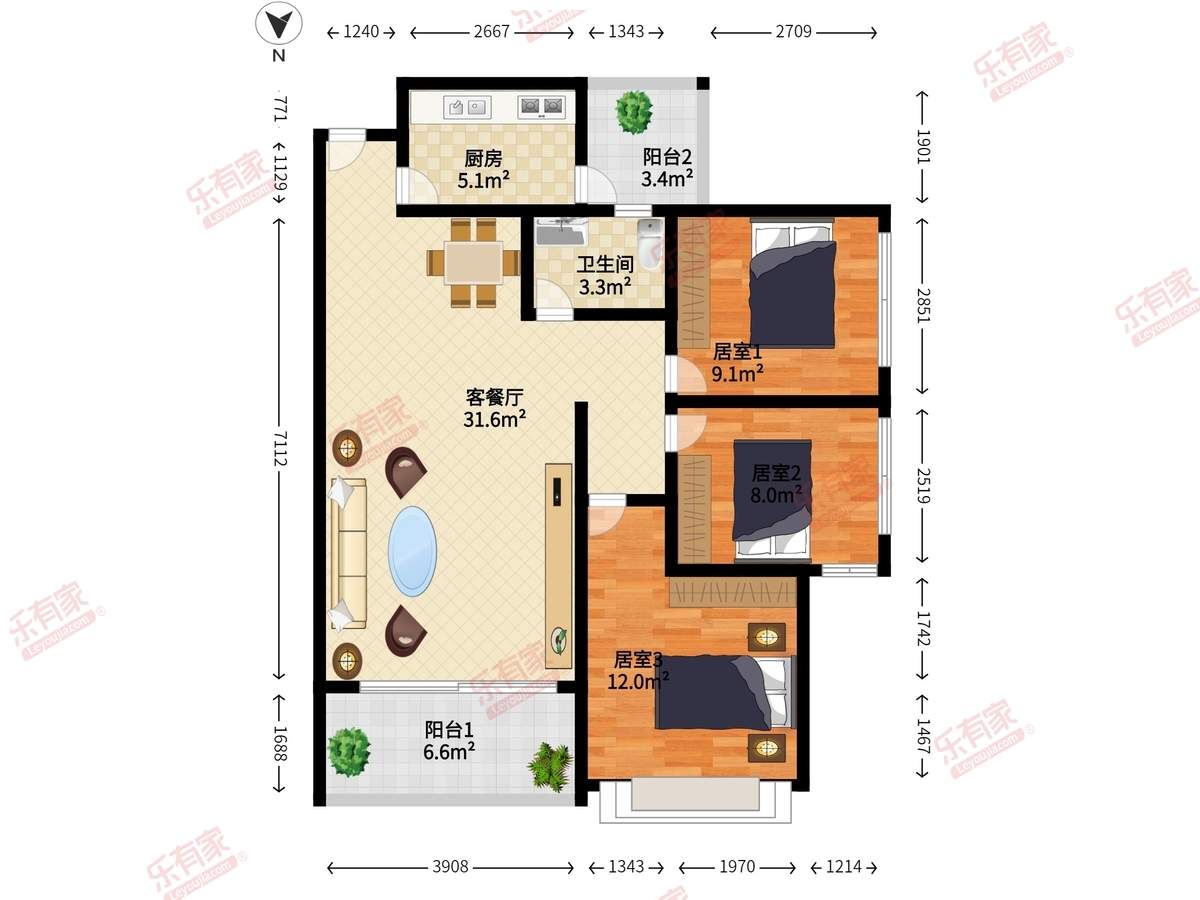 新祺园一期 3室2厅1卫1厨2阳 88.56 南