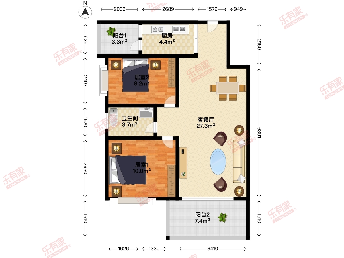 珠光花半里 3房2厅2卫 97.47㎡