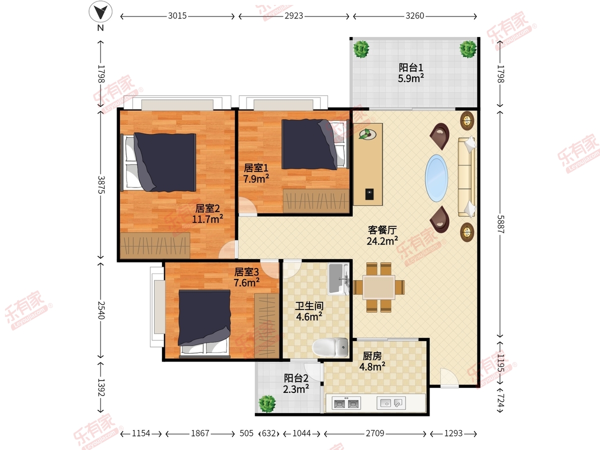 聚源上府 3室2厅1卫1厨2阳 87.0 南