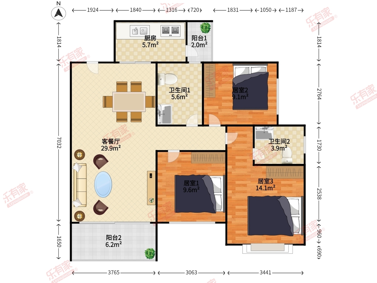 汇港·威华国际 3室2厅2卫1厨2阳 101.8 南