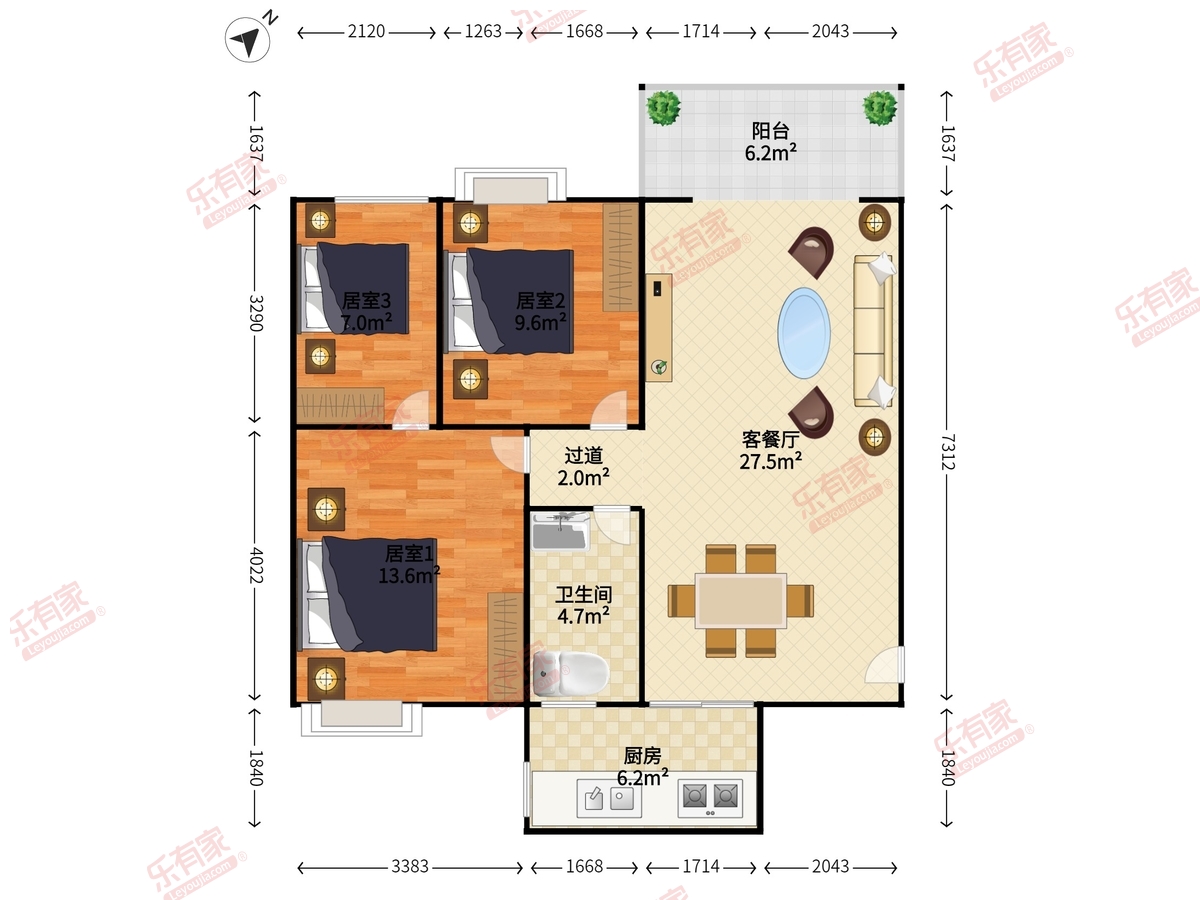 时代山湖海雅苑 2房2厅1卫 80㎡