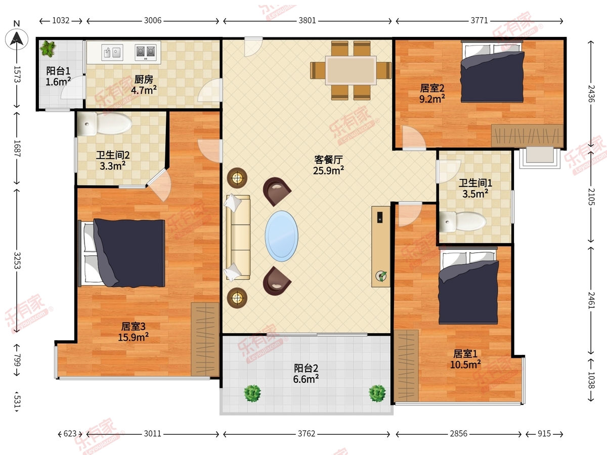 日辉台花园 3房2厅2卫 91.2㎡-中山日辉台花园租房
