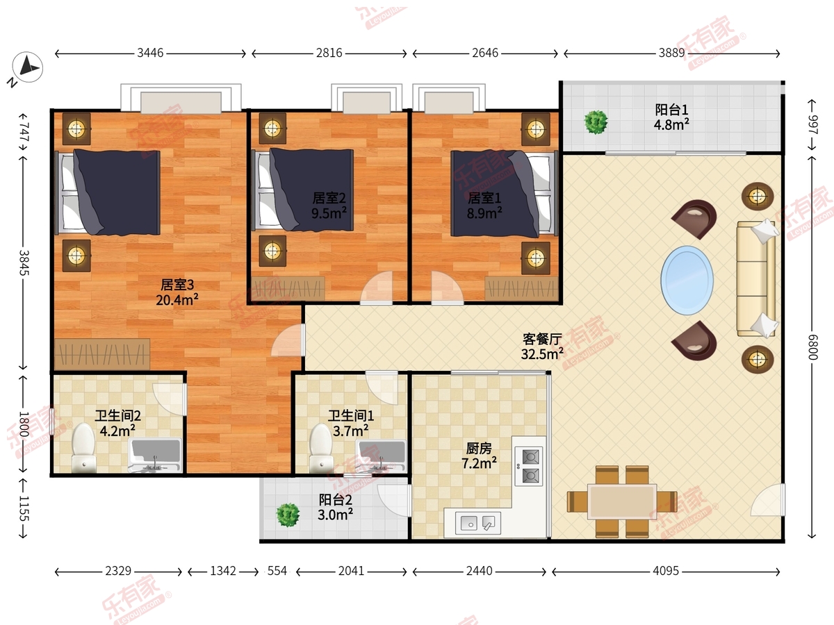 宏凯轩 3房2厅2卫 97.48㎡