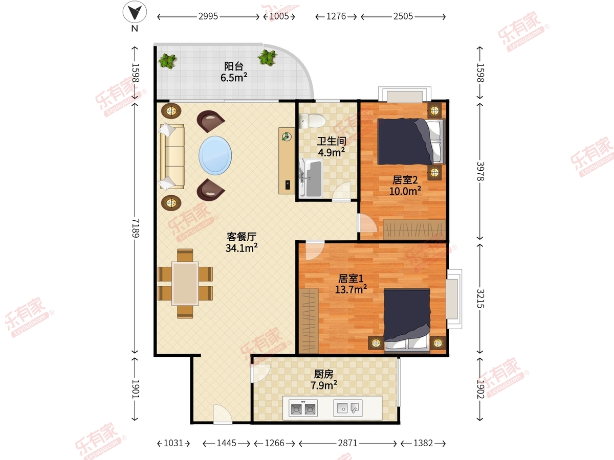 帝港海湾豪园 2房2厅1卫 64.91㎡