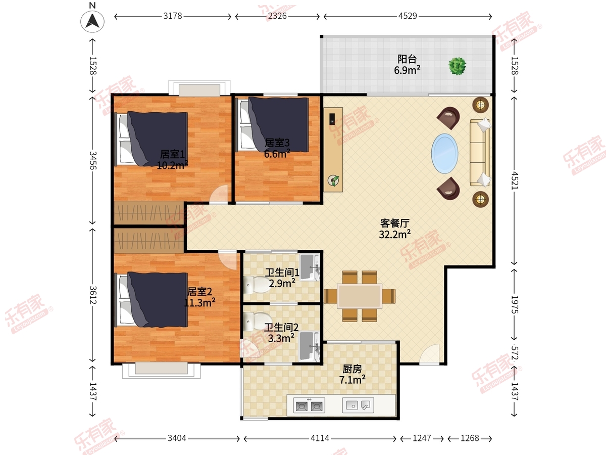 天泽花园 3房2厅2卫 90.12㎡