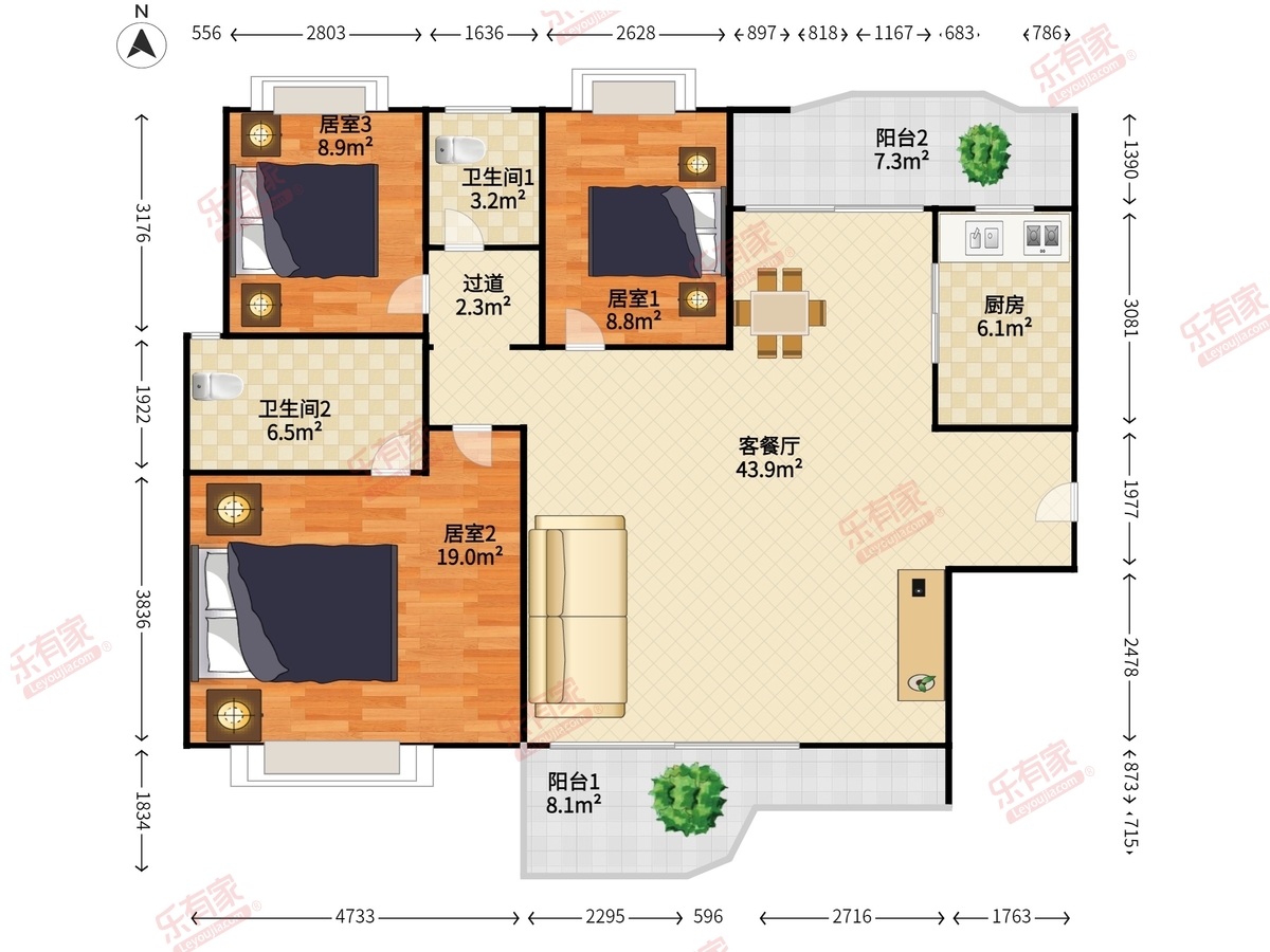 鹿鸣园 3房2厅2卫 122.82㎡
