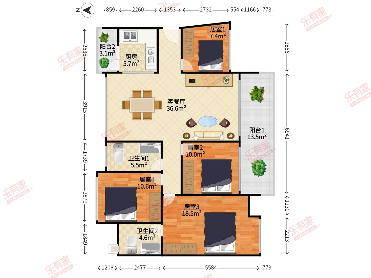 君悦荃新时代花园 4室2厅2卫1厨2阳 119.0 南北