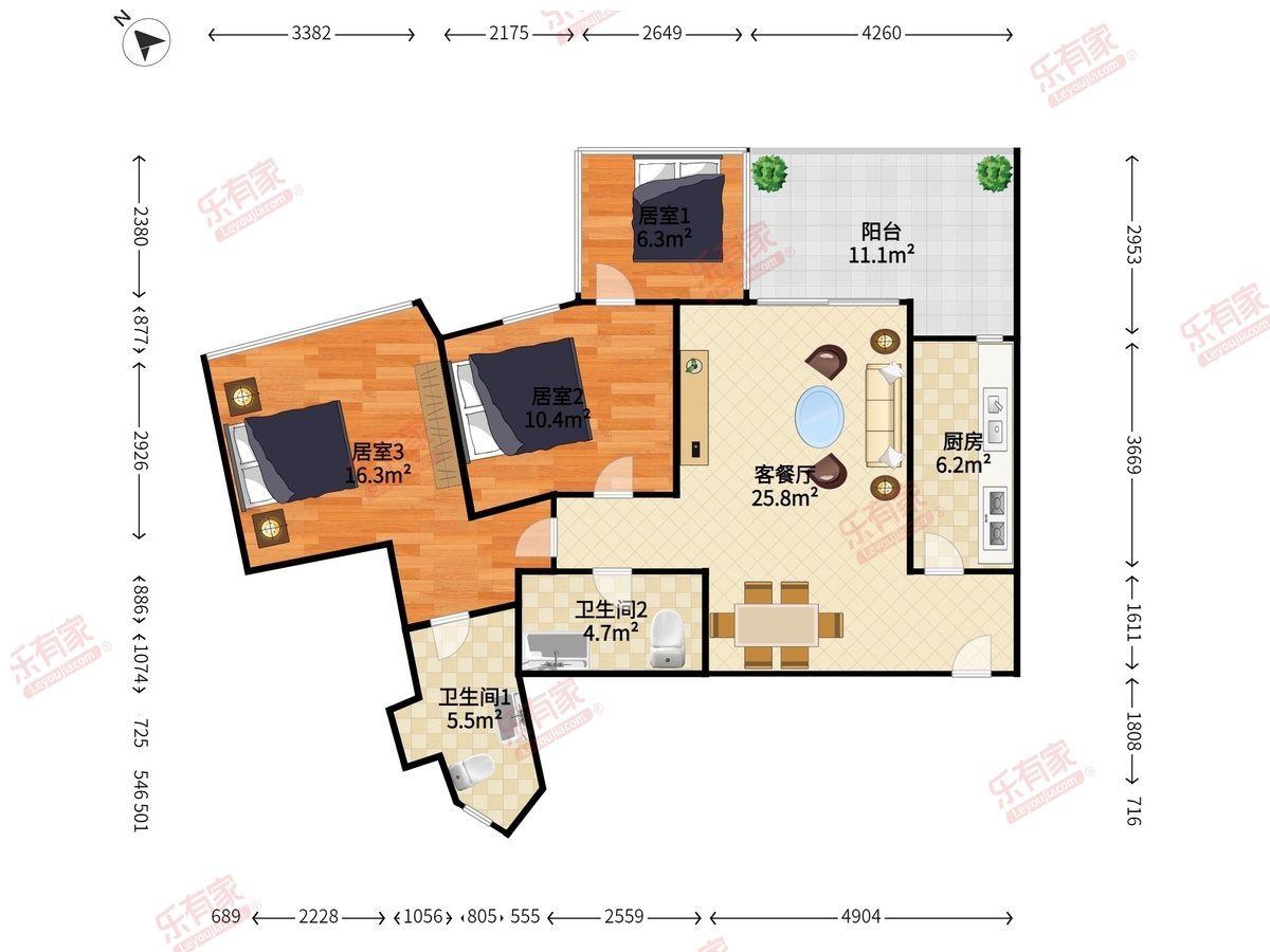 十五峯花园 3房2厅2卫 87.29㎡