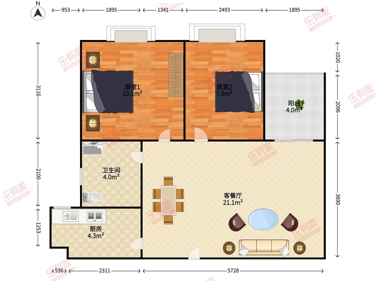 星座大厦南精装2室1厅44.28m²