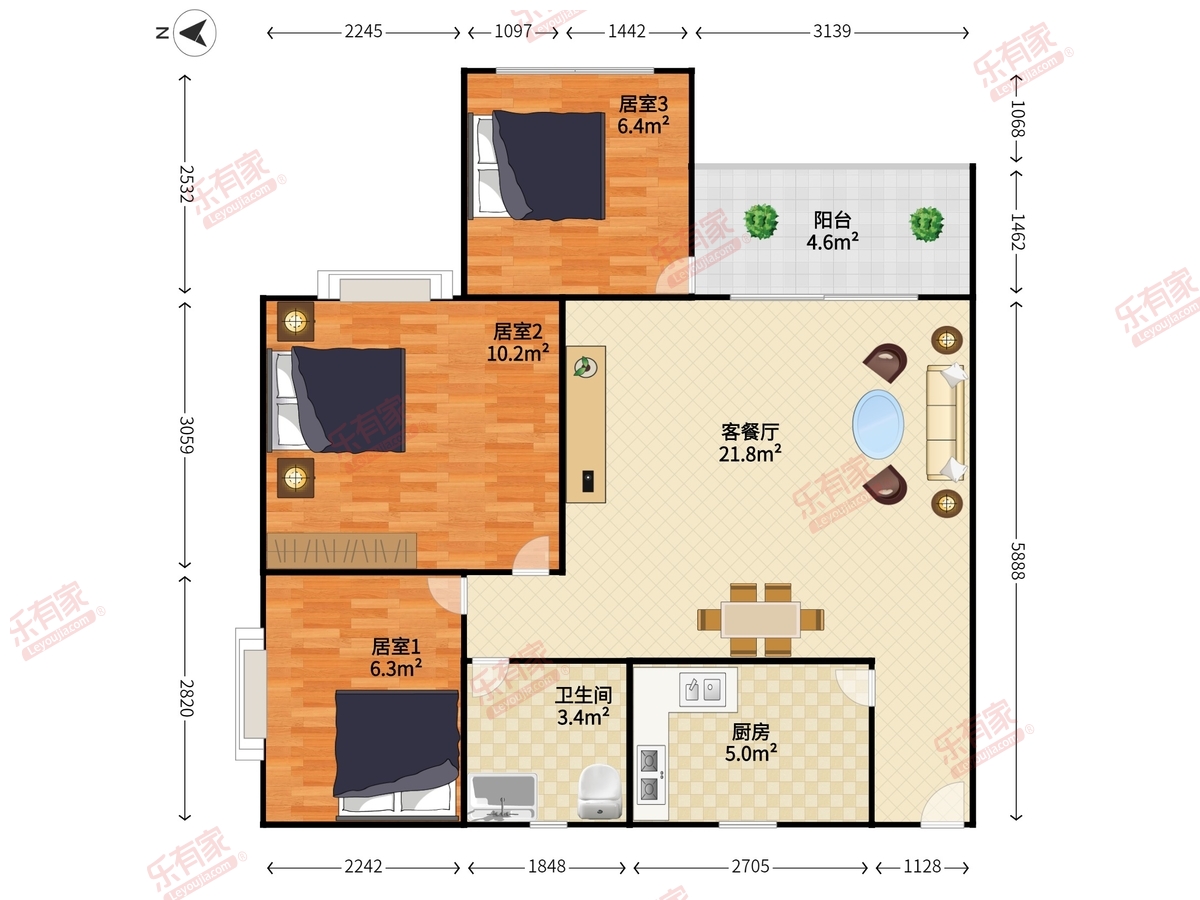 创富豪庭 3室2厅1卫1厨1阳 68.58 东