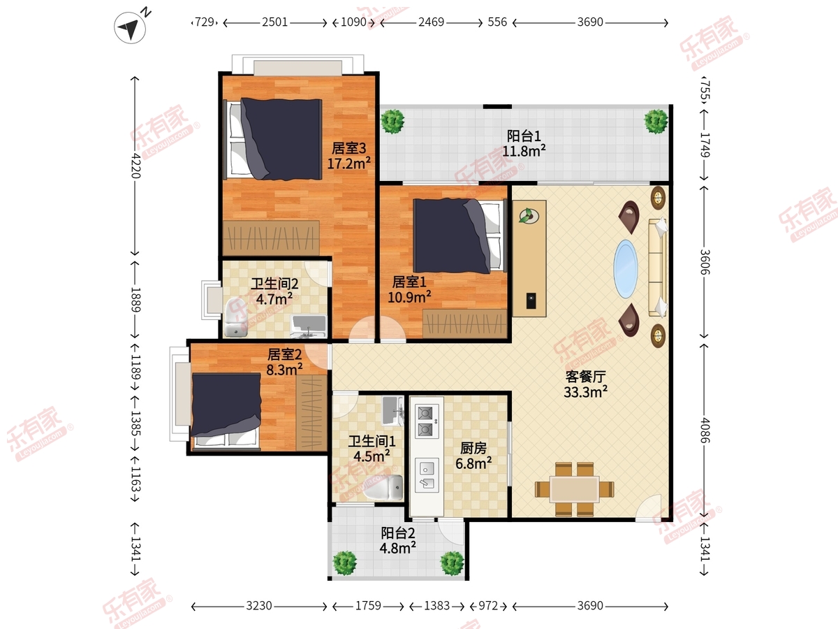 惠阳雅居乐花园 3室2厅2卫1厨2阳 125.52 西北
