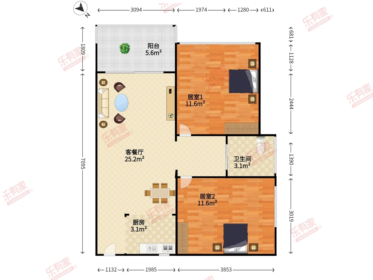 龙瑞佳园 1房2厅1卫 60.89㎡