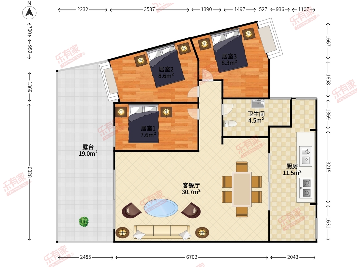 富雅名居 3房2厅1卫 91㎡