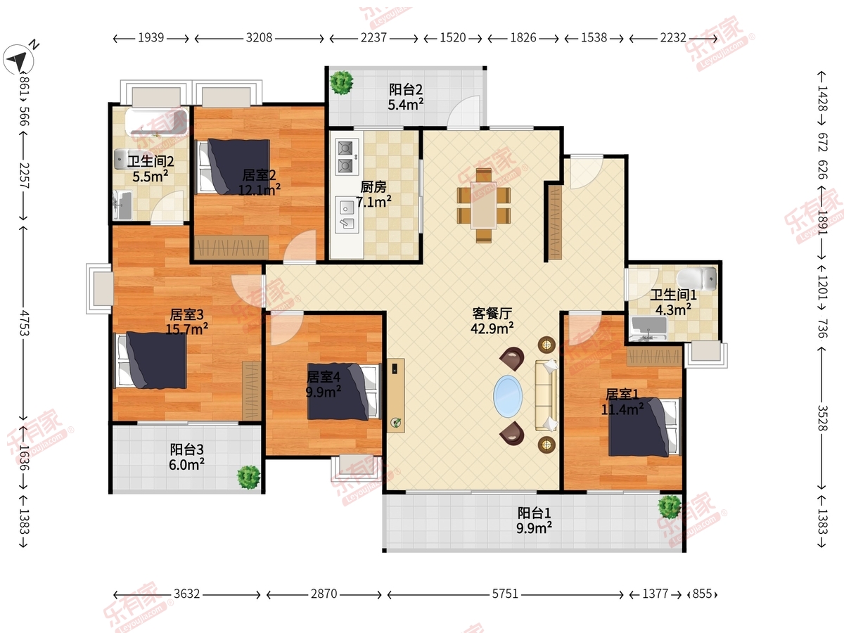 领航城领誉 4室2厅2卫1厨3阳 154.0 南