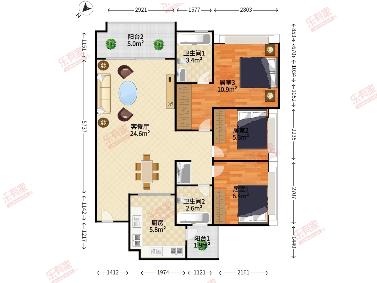 嘉盈商住小区 3室2厅2卫1厨2阳 89.0 南