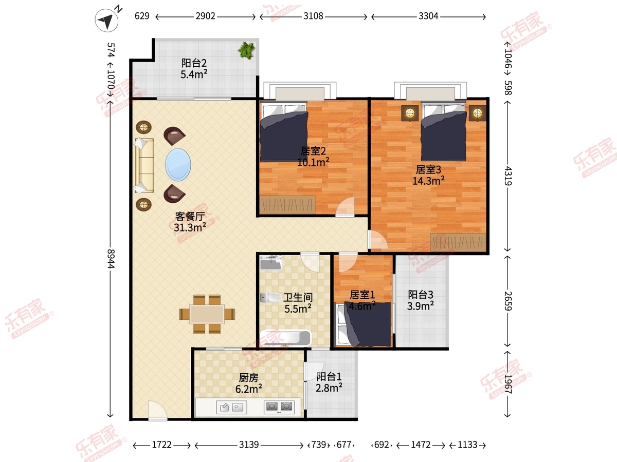 保利爱丁堡 3房2厅1卫 98.98㎡