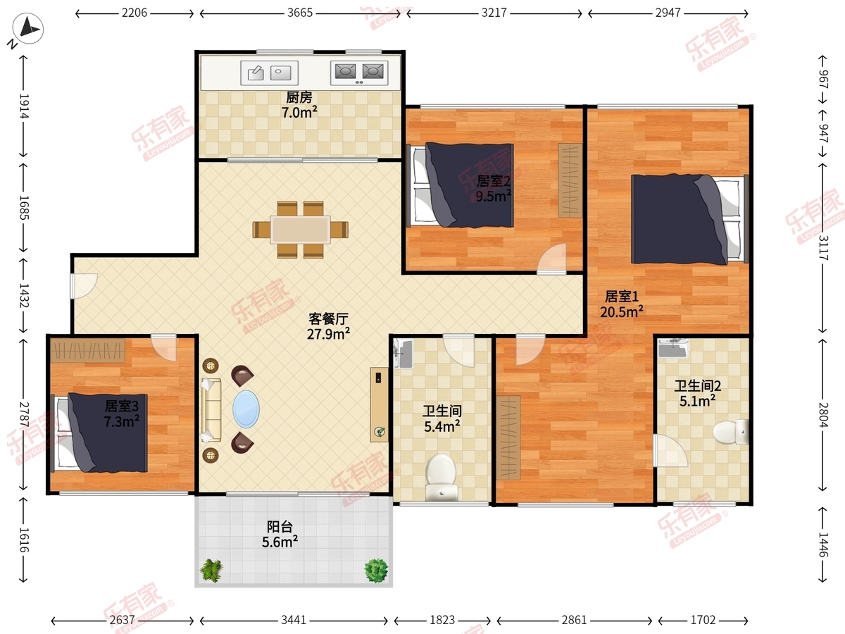 领航里程花园东普装4室2厅89m²