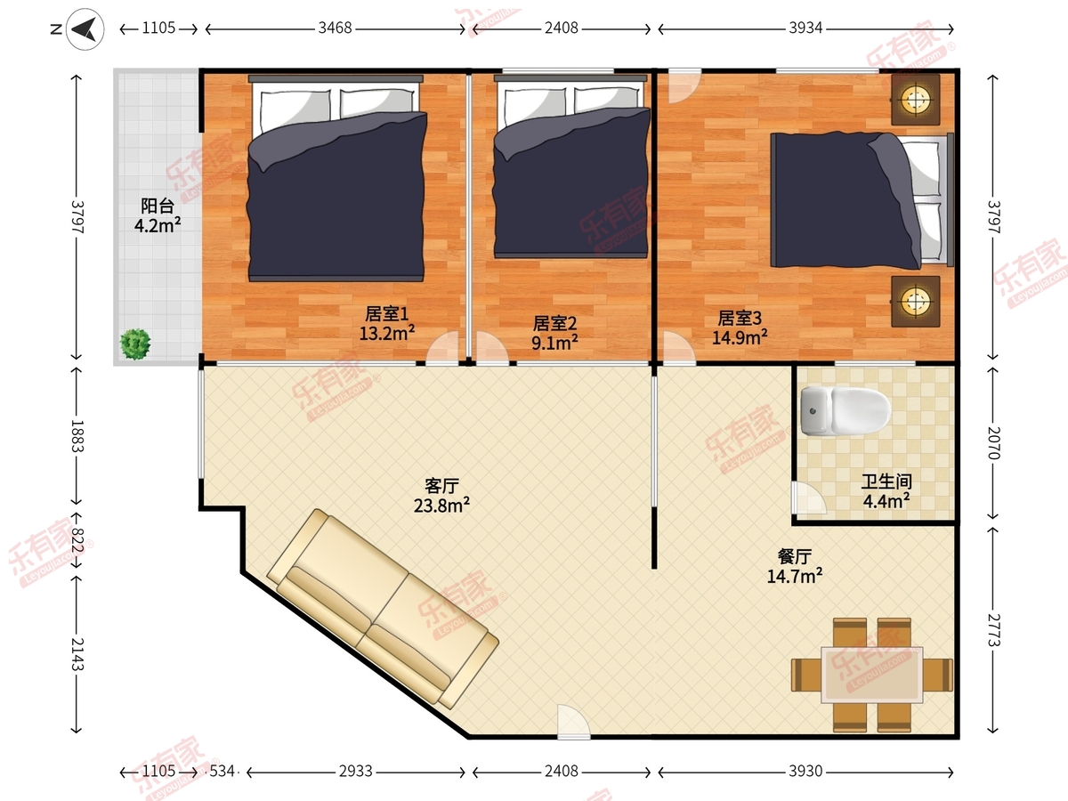 龙苑大厦 3房2厅1卫 95㎡