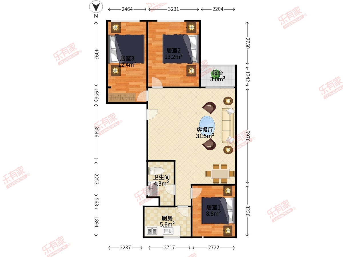 长虹住宅楼 3房2厅1卫 96.55㎡