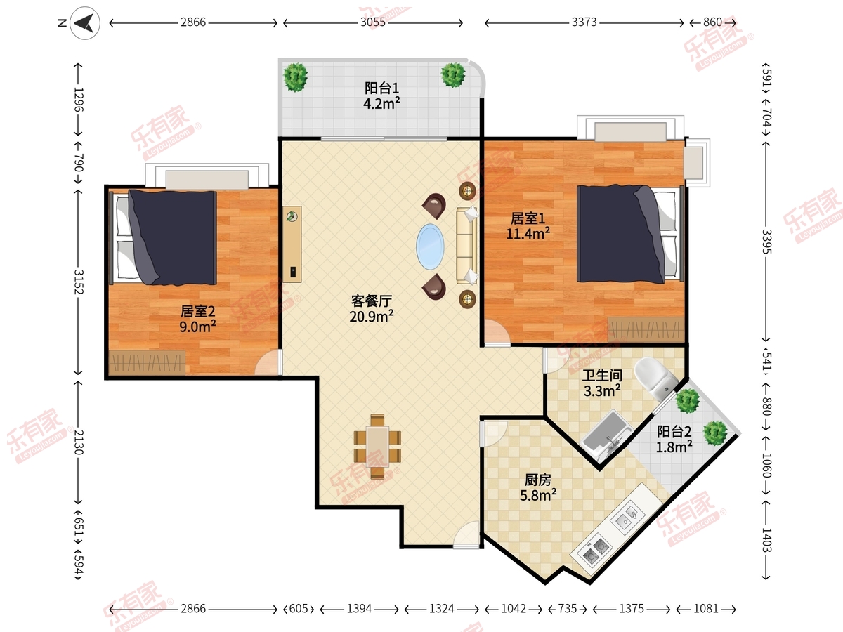 嘉宏.圆梦雅居 2室2厅1卫1厨2阳 74.6 北