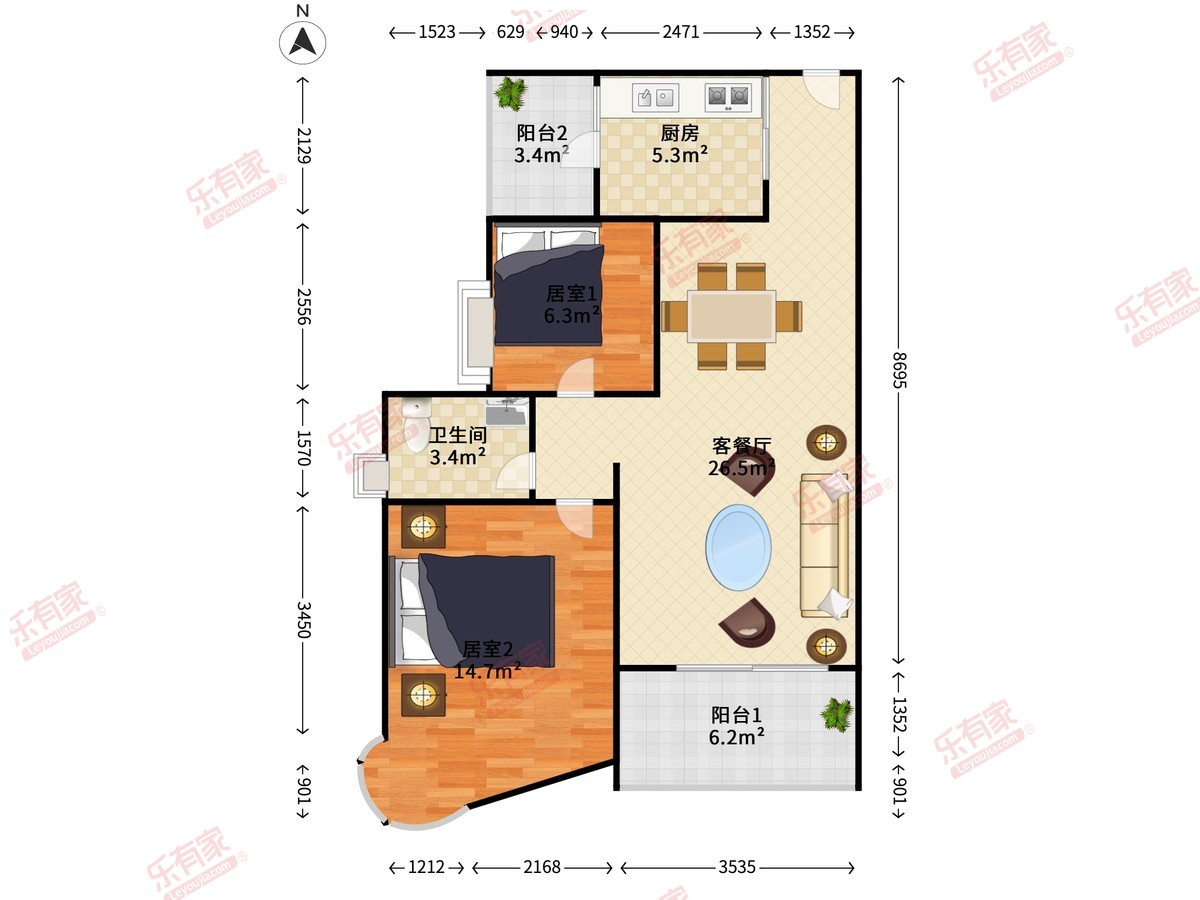 现代城市花园 2房2厅1卫 81.89㎡