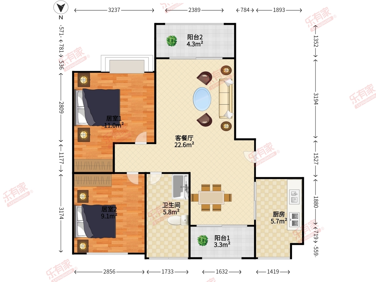 万城名座 2室2厅1卫1厨2阳 79.21 南