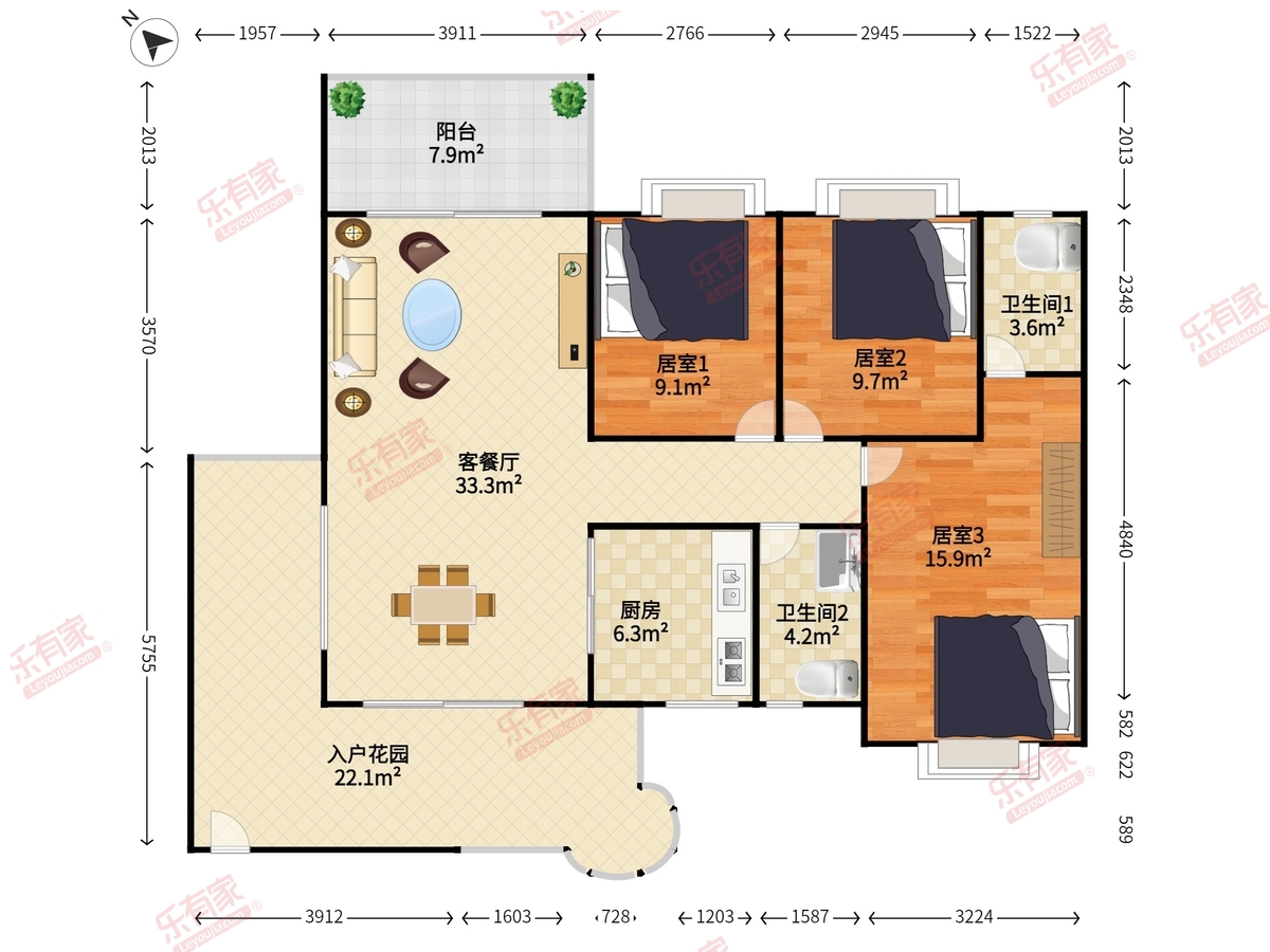 丽豪花园 3房2厅2卫 127.17㎡