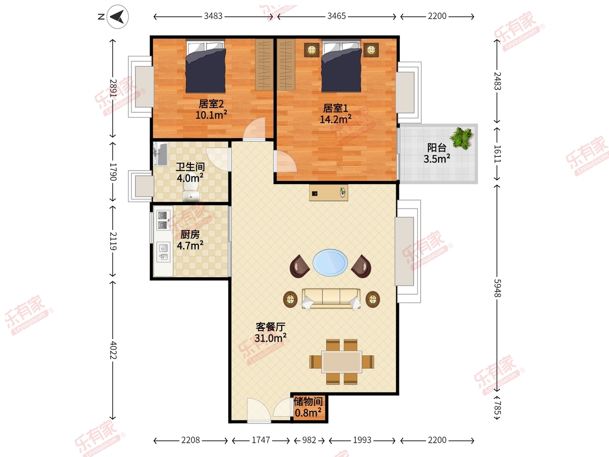 城中雅苑 2房2厅1卫 87.56㎡