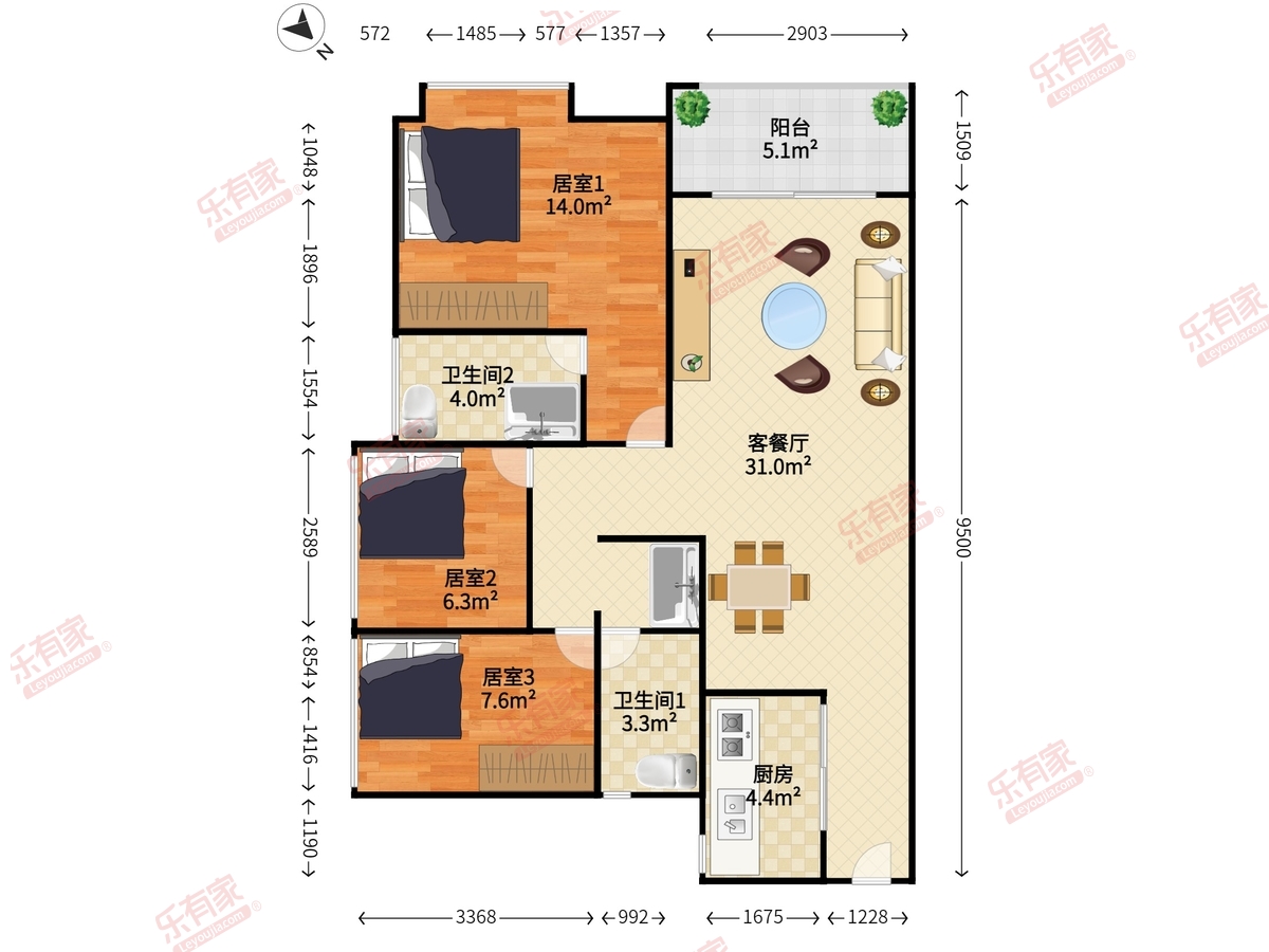 富贵豪庭 3室2厅2卫1厨1阳 89.76 南