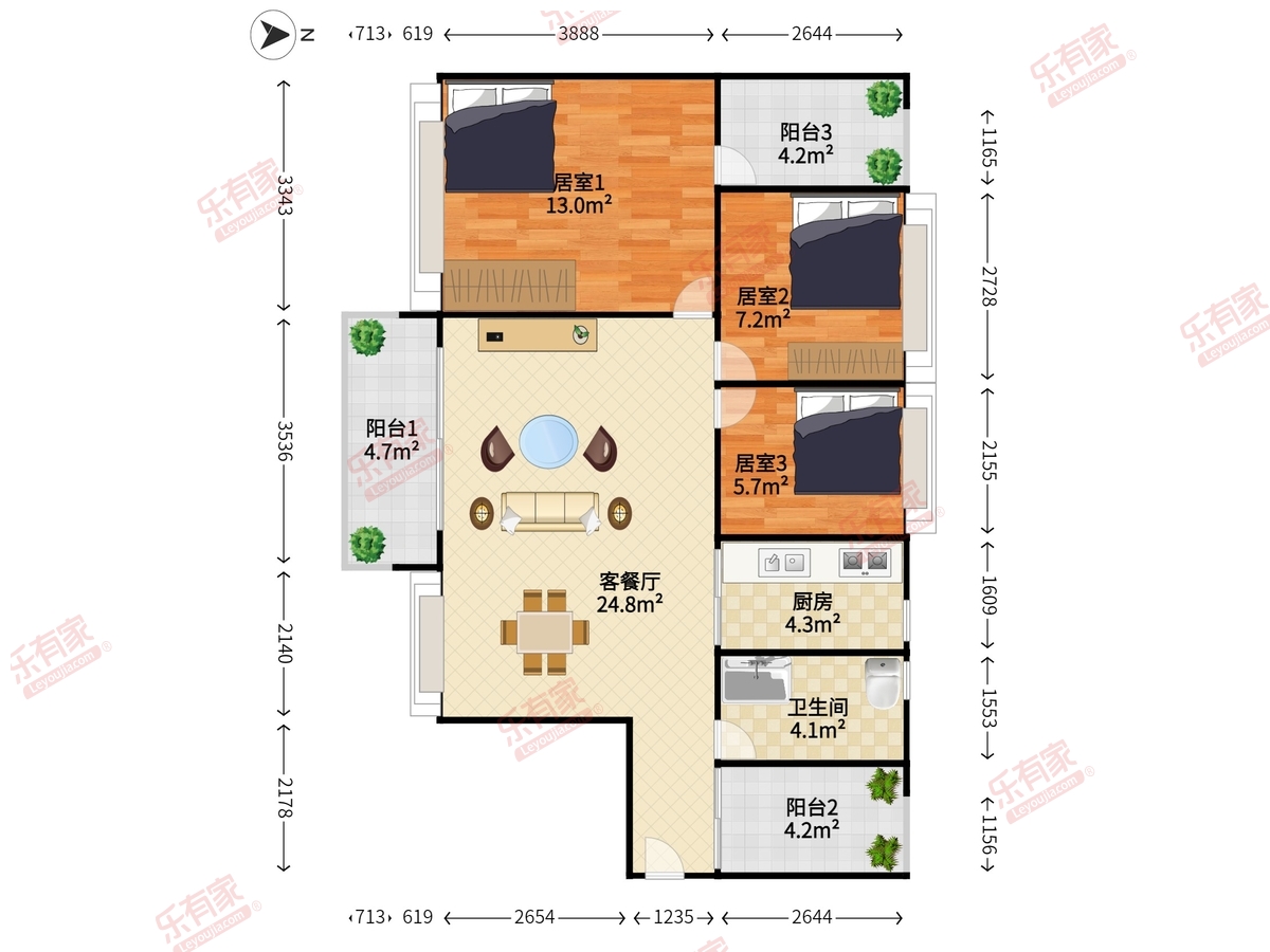 云水佳苑 3室2厅1卫1厨3阳 94.36 南