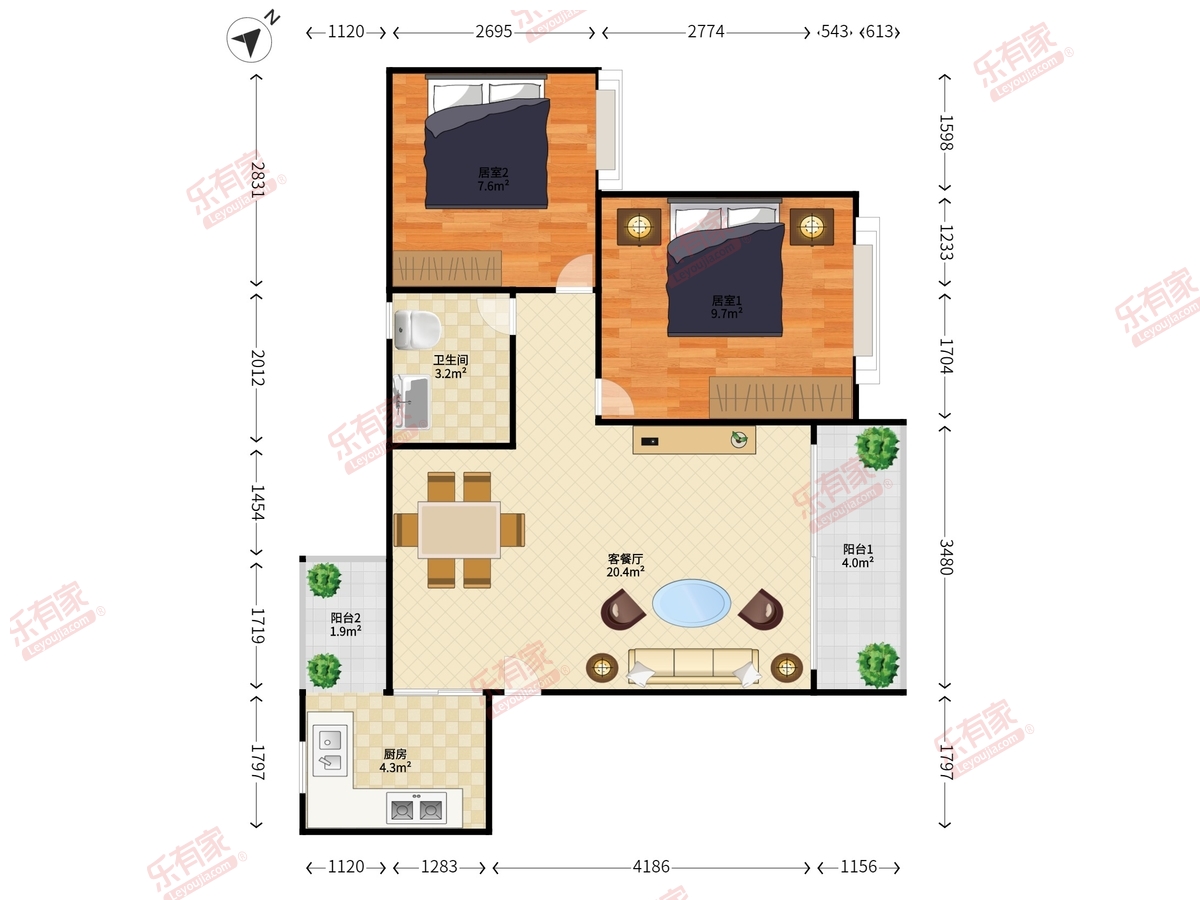 皇庭世纪花园 2房2厅1卫 63.24㎡