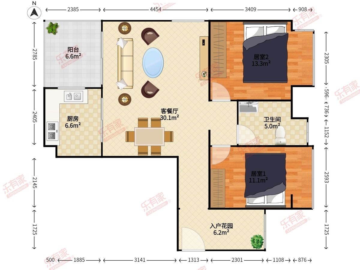 凤山府 2室2厅1卫1厨1阳 91.09 北