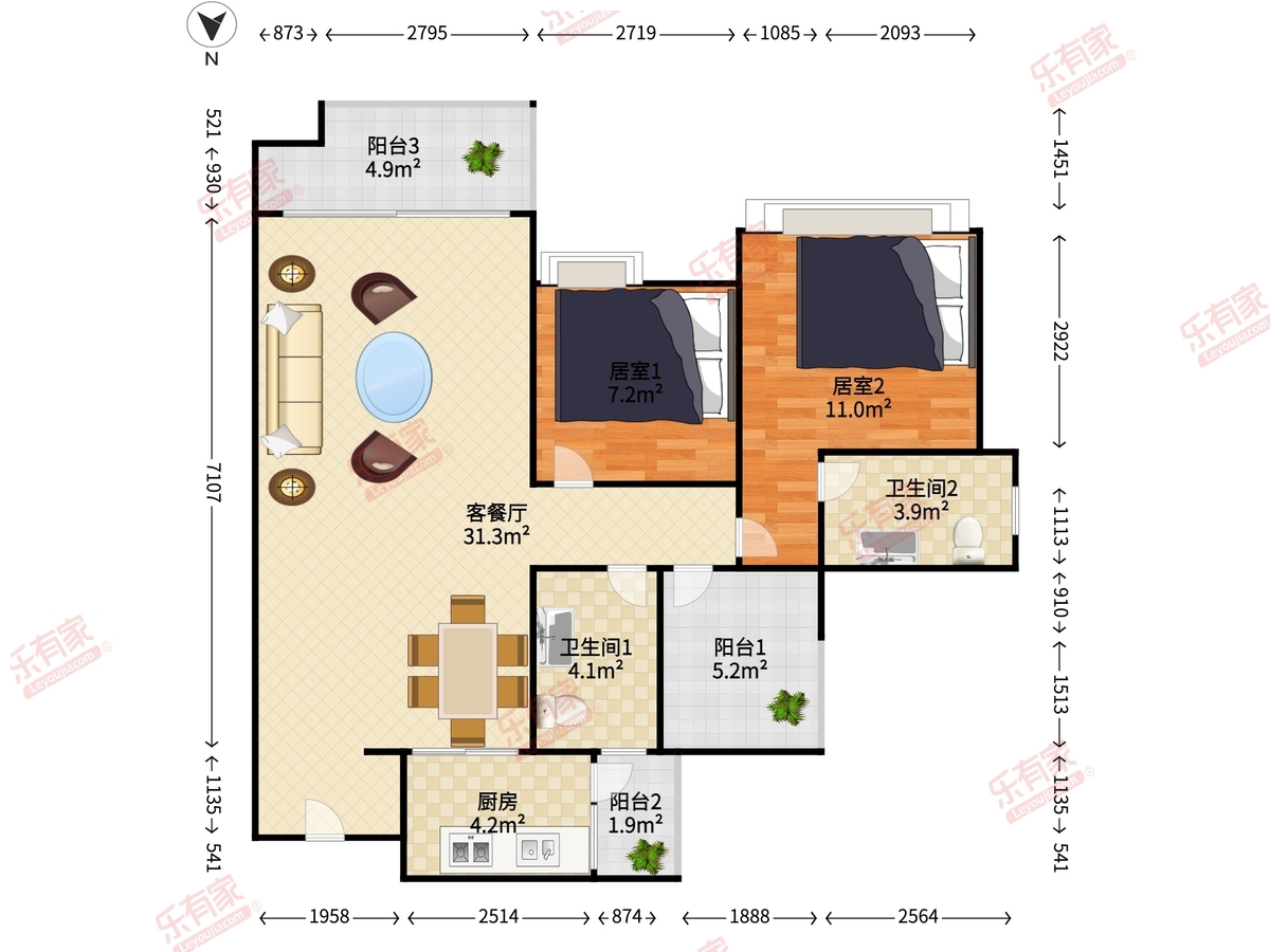 牧云左岸公馆 2室2厅2卫1厨3阳 89.15 南