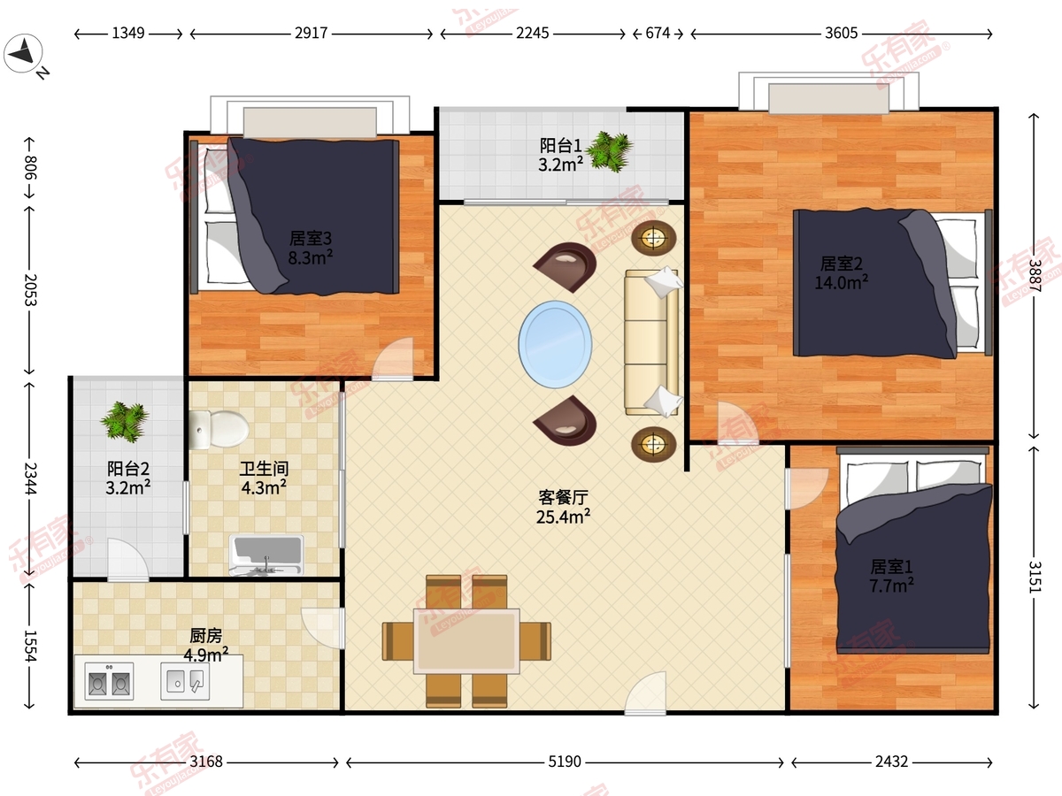 红岗大厦 3室2厅1卫1厨2阳 95.0 西北 3