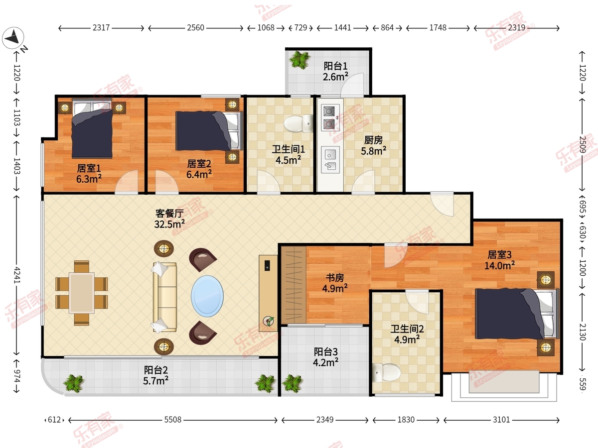 东海富汇豪庭 4室2厅2卫1厨3阳 122.0 东北