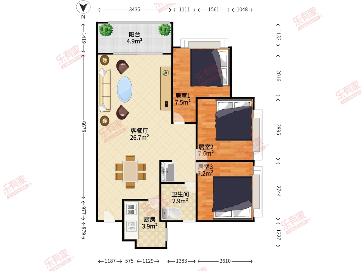 首域花园 3室2厅1卫1厨1阳 87.0 北