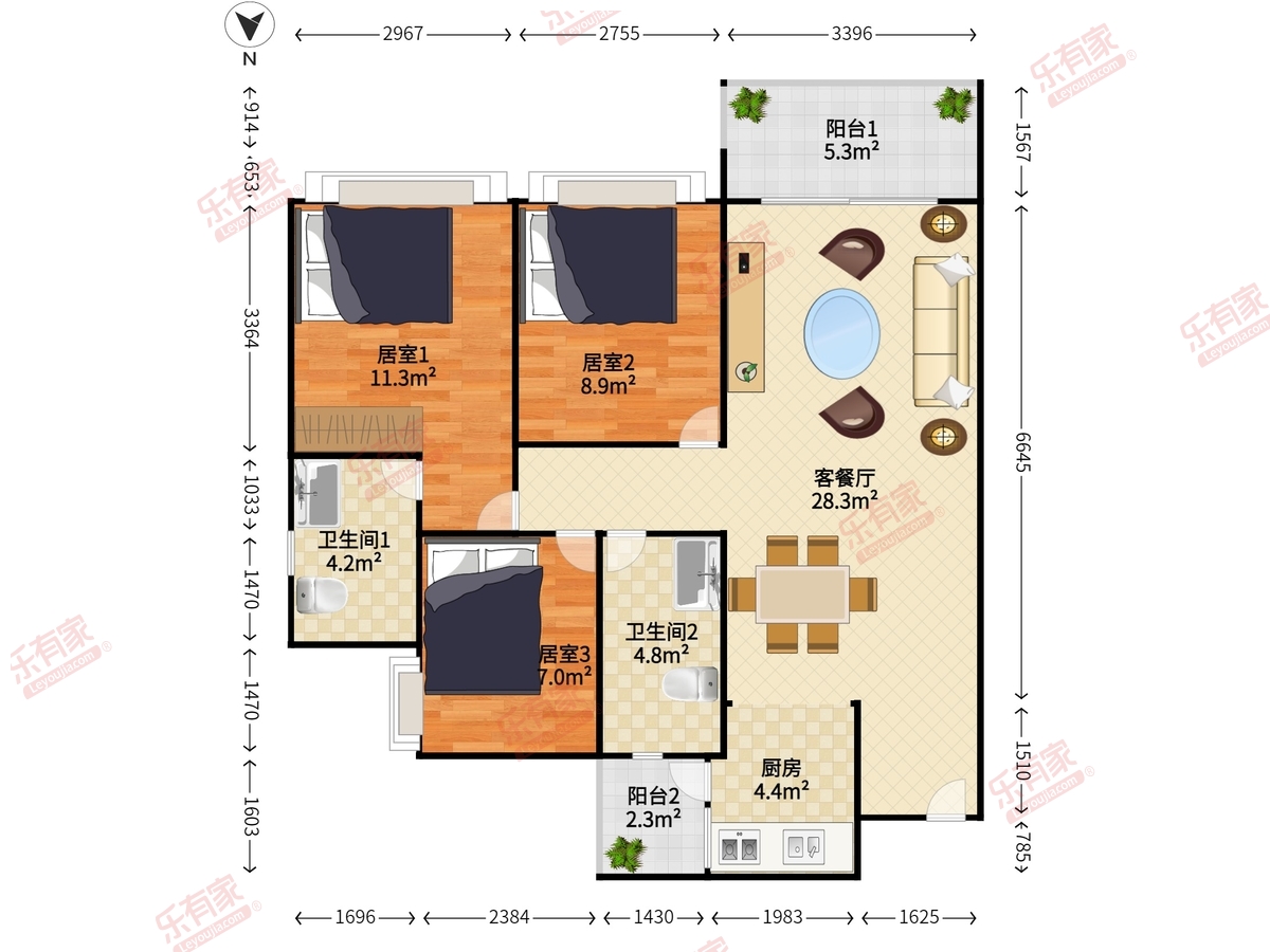 华发首府 3室2厅2卫1厨2阳 98.7 南