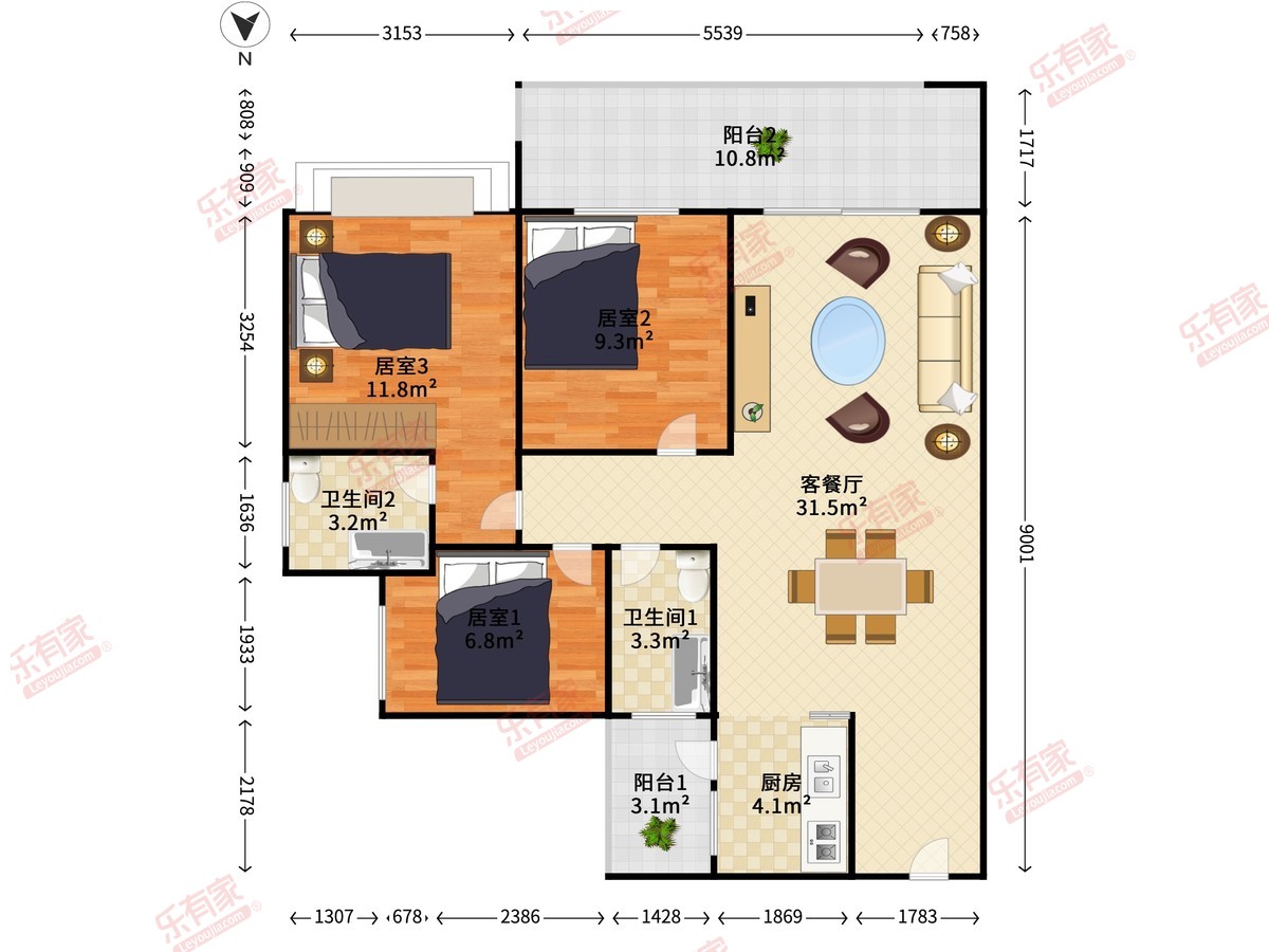 联大华府 3室2厅2卫1厨2阳 95.0 南