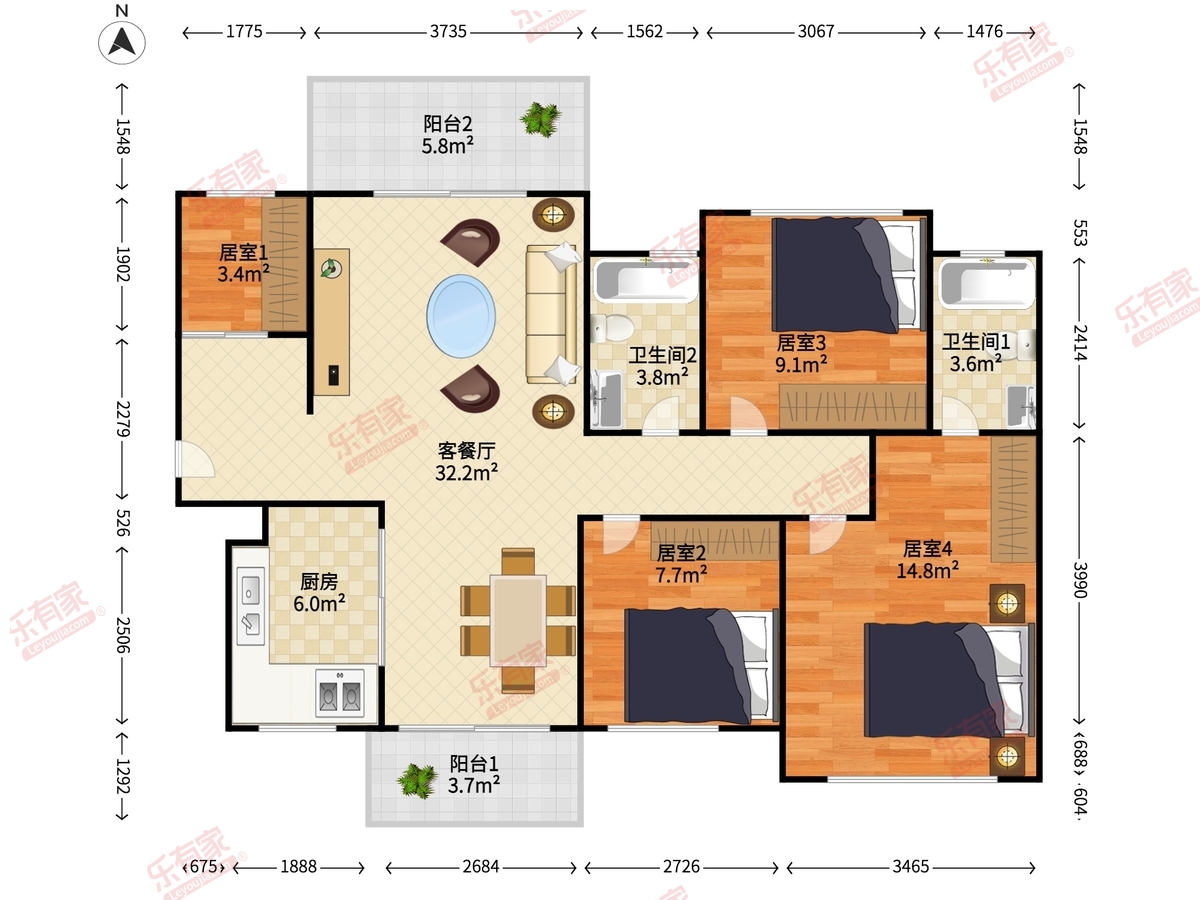 富沙湾花园六期 4室2厅2卫1厨2阳 100.17 南北