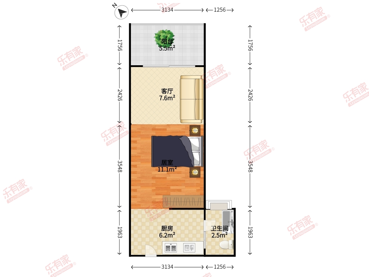 光大花园四期（K区） 1房1厅1卫 42.22㎡