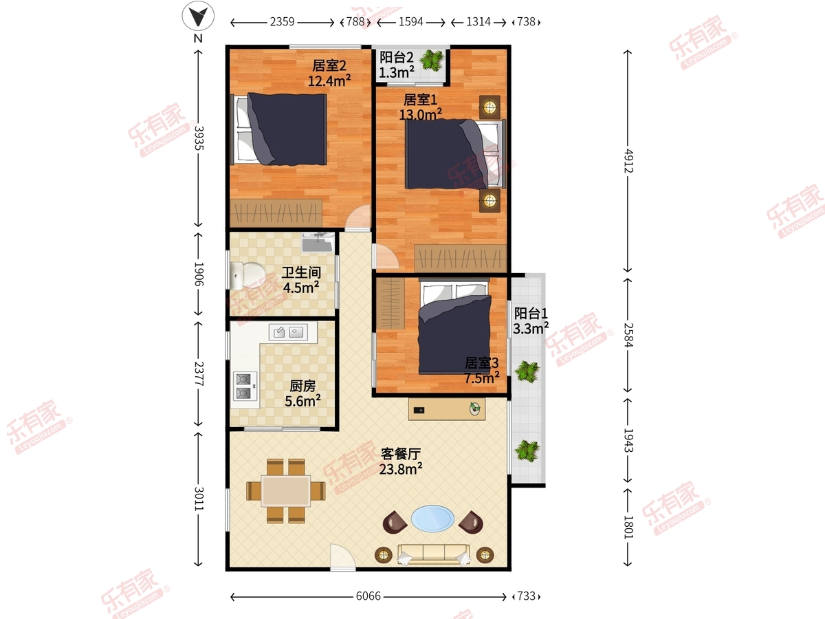 钜建大厦 3房2厅1卫 88㎡