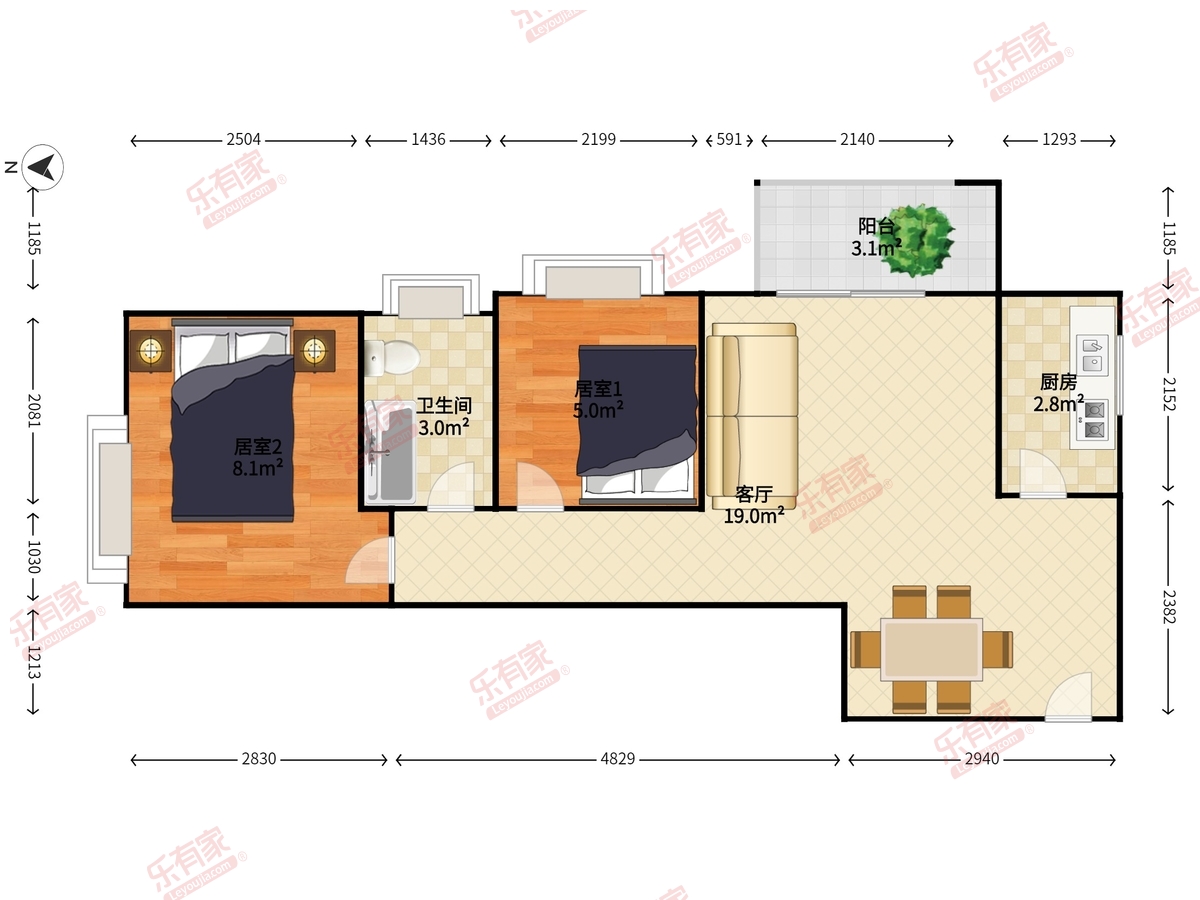 时尚新居东普装2室1厅54.05m²