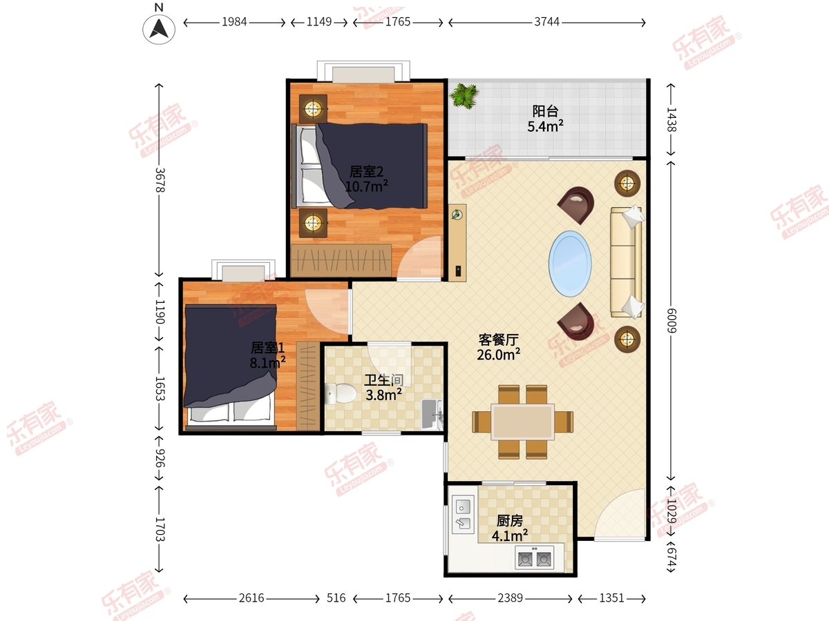 前山新城北普装2室2厅74m²