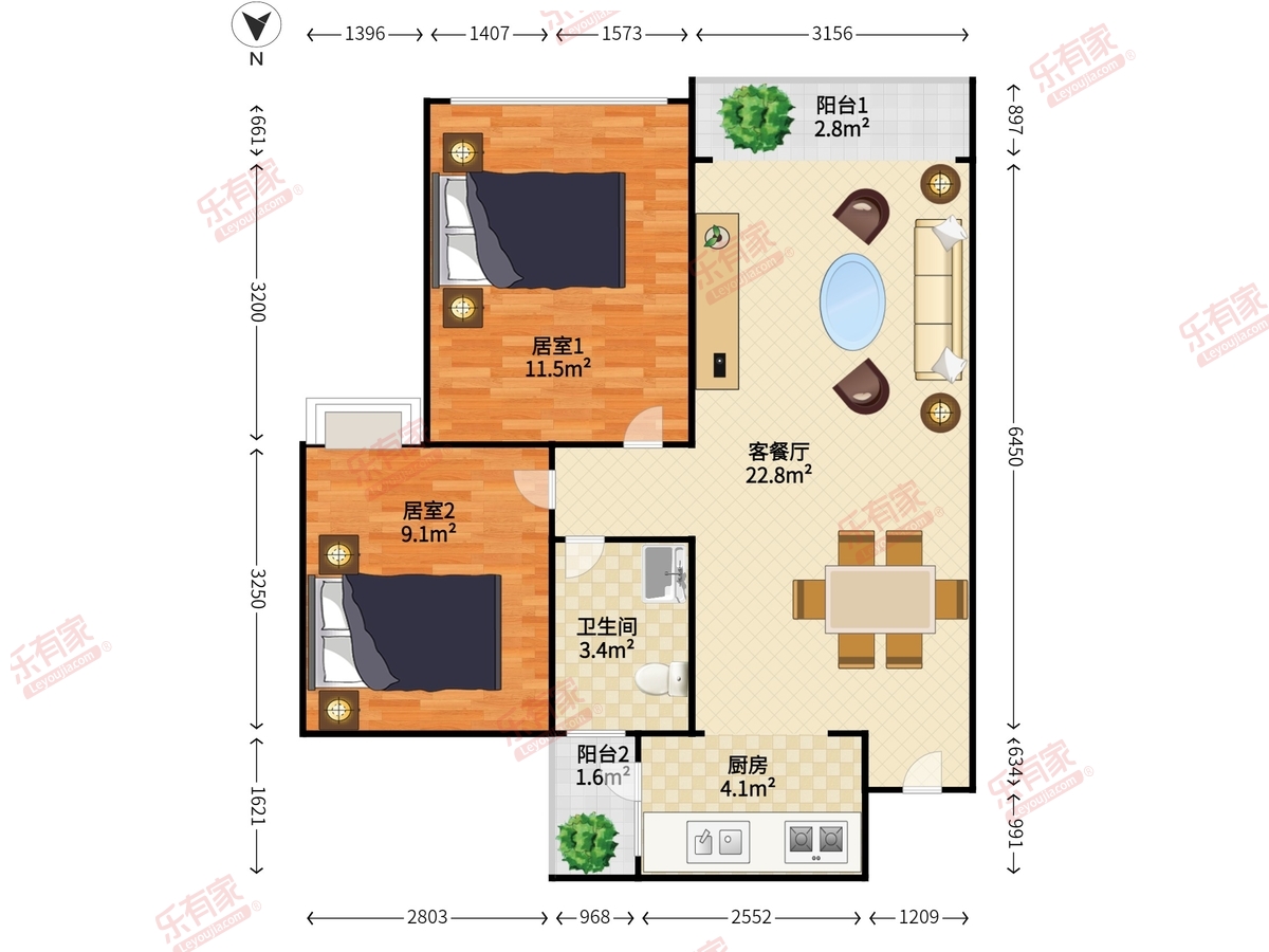 盛邦翠景园 2室2厅1卫1厨2阳 72.52 南