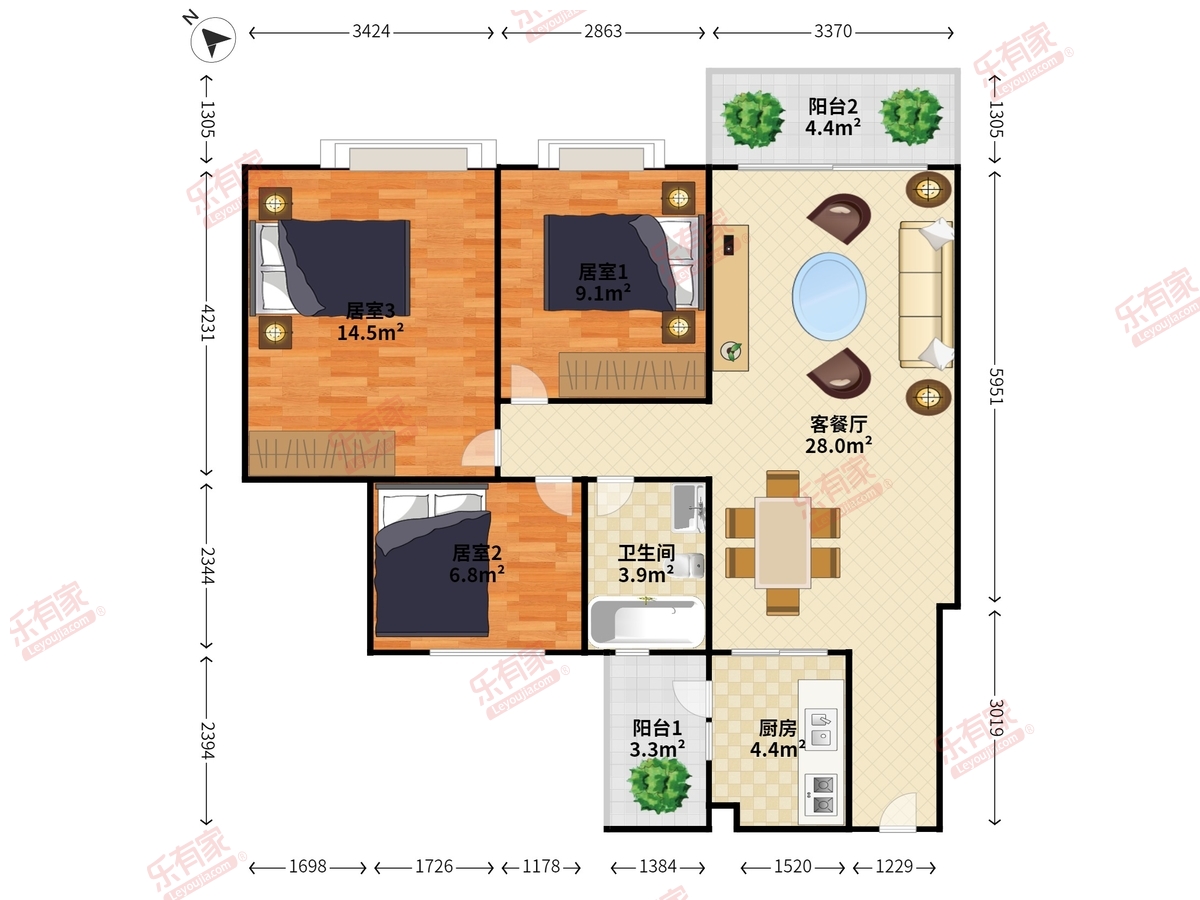 启宸花园 2房2厅1卫 70.17㎡