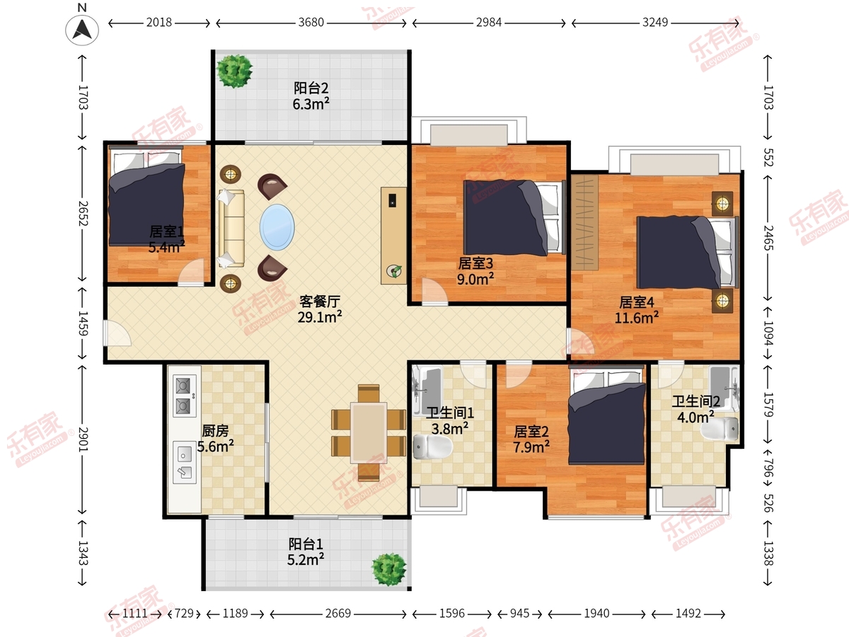 骏珑盛景豪园 4室2厅2卫1厨2阳 100.19 南北 1