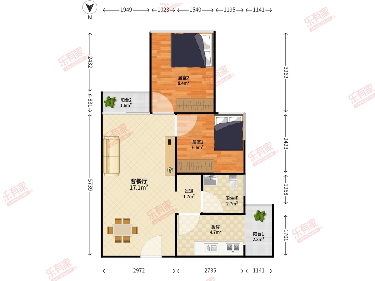 中海阳光玫瑰园 2房2厅1卫 53.59㎡