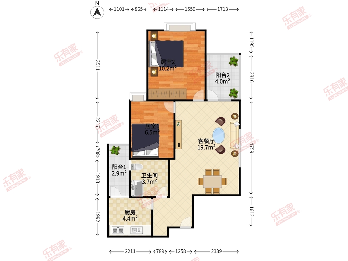志健时代广场 2房2厅1卫 66.37㎡