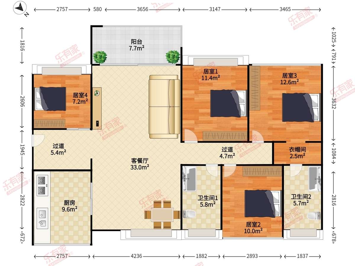 锦顺名居 4室2厅2卫1厨1阳 129.0 东北